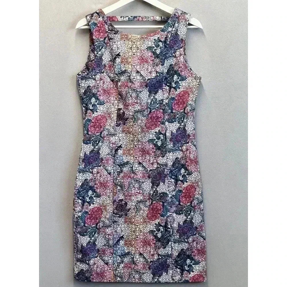 H&M Women's Sz 12 Sleeveless Watercolor Florals Geometric Full Zip Back‎ Dress